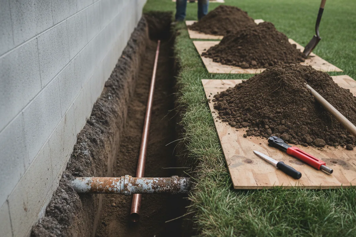 Excavated water line trench during Water Heater Repair in Keota